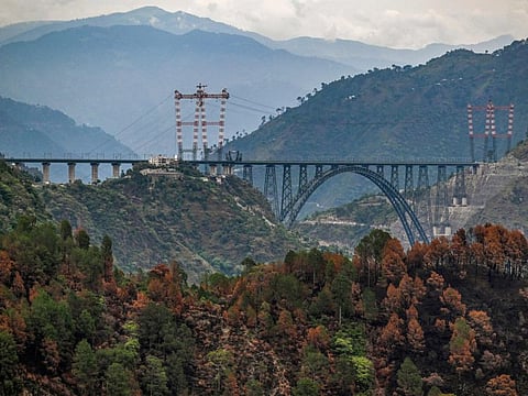 A view of Chenab bridge, the world's highest rail arch bridge in Reasi, Jammu and Kashmir.  