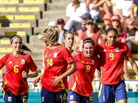 Spain's players celebrate with their forward Mariona Caldentey after she scored their second goal in the women's group C football match against Japan during the Paris 2024 Olympic Games at La Beaujoire Stadium in Nantes on Thursday.