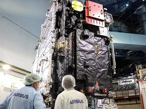 File photo: Engineers work around the ESA's (European Space Agency) ‘Juice’ probe during its unveiling for media in Toulouse, southwestern France on January 20, 2023, a few days ahead of its departure to Kourou space centre. 