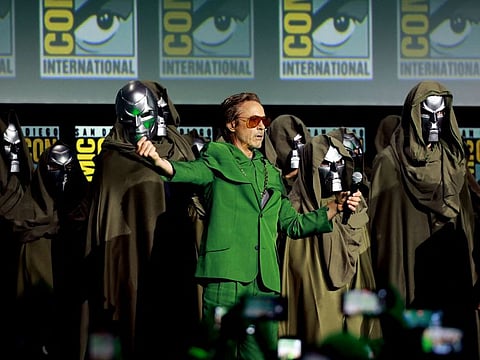  Robert Downey Jr. speaks onstage at the Marvel Studios Panel during 2024 Comic-Con International at San Diego Convention Center on July 27, 2024 in San Diego, California.  