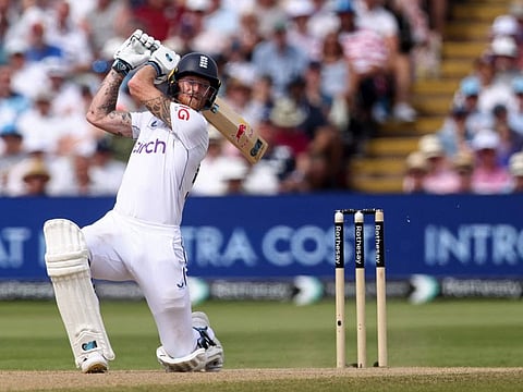 England's captain Ben Stokes fires a four on the third day of the third Test cricket match against West Indies at Edgbaston in Birmingham, central England on Sunday.