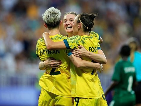Australia's forward Michelle Heyman celebrates scoring her team's sixth goal with teammates in the women's group B football match against Zambia during the Paris 2024 Olympic Games at the Nice Stadium on Sunday.