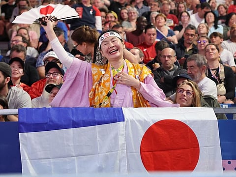 Japanese superfan Kyoko Ishikawa attends the judo of the Paris 2024 Olympic Games at the Champ-de-Mars Arena, in Paris on Saturday.