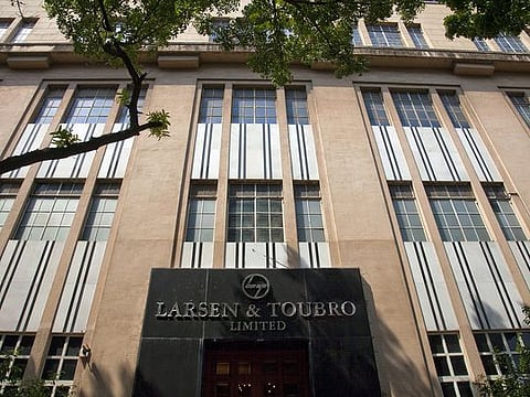 The logo of Larsen & Toubro Ltd. is displayed outside the company's headquarters in Mumbai, India.
