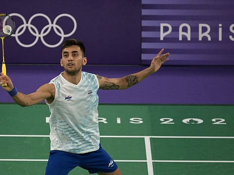 India's Lakshya Sen in action against Guatemala's Kevin Cordon in their men's singles badminton group stage match during the Paris 2024 Olympic Games at Porte de la Chapelle Arena in Paris on Saturday.