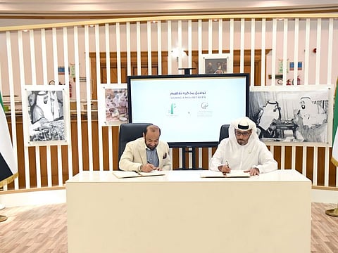 Abdullah Al Humaidan (R), Secretary-General of the Zayed Higher Organisation, and Atul Chopra, Founder and CEO of Fresh on Table during the MoU signing ceremony in Abu Dhabi.