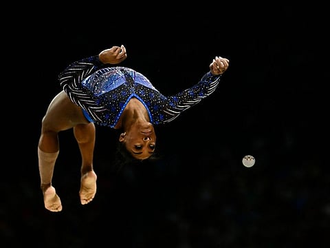 US' Simone Biles competes in the balance beam event of the artistic gymnastics women's all around final during the Paris 2024 Olympic Games at the Bercy Arena in Paris, on Thursday.