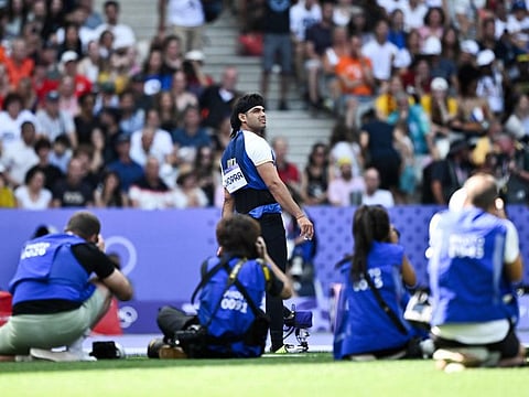 India's Neeraj Chopra competes in the men's javelin throw qualification of the athletics event at the Paris 2024 Olympic Games at Stade de France in Saint-Denis, north of Paris, on Tuesday.