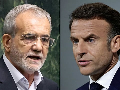 Iran's President Masoud Pezeshkian (left) and France's President Emmanuel Macron in file photos. Avoiding war is one of Iran’s “fundamental principles,” Pezeshkian told Macron.