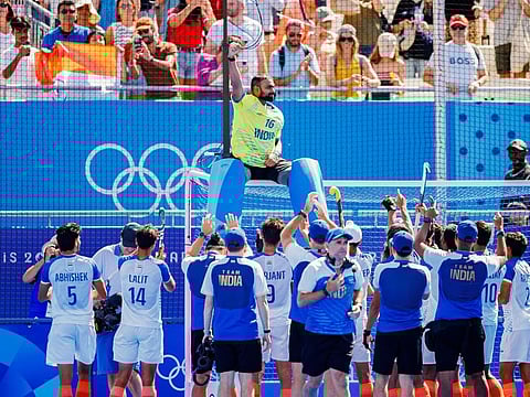India's goalkeeper P.R. Sreejesh poses for a picture after the team's Bronze Medal victory in the Men's Hockey at the Olympic Games Paris 2024, on Thursday.