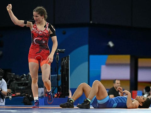 Turkey's Zeynep Yetgil reacts to her win over India's Antim Antim in their women's freestyle 53kg wrestling early rounds match at the Champ-de-Mars Arena during the Paris 2024 Olympic Games, in Paris on Wedensday.