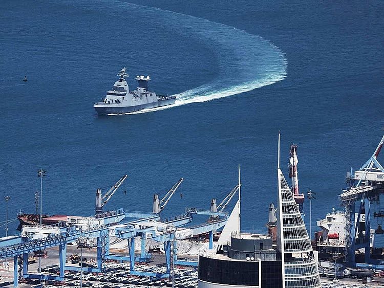 An Israeli Navy Saar 6-Class Corvette enters the port of Haifa
