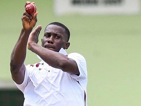 Shamar Joseph of West Indies bowls during Day 1 of the 2nd Test match against South Africa at Guyana National Stadium in Providence, Guyana, on August 15, 2024. 
