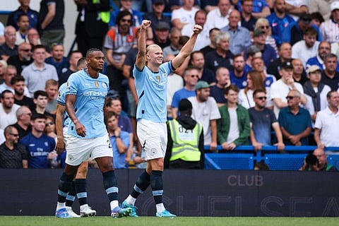 Manchester City's Norwegian striker Erling Haaland celebrates after scoring his team first goal during the English Premier League football match against Chelsea at Stamford Bridge in London on Sunday.