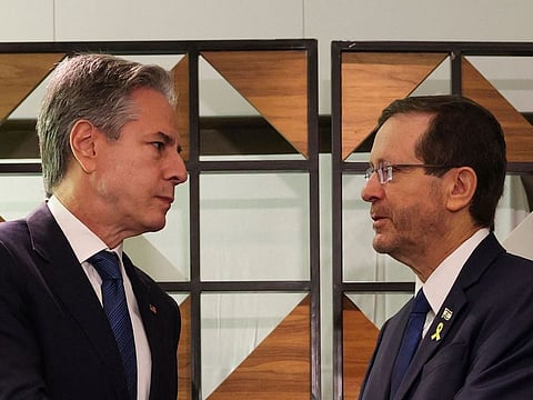 Blinken (left) meets with Israel's President Isaac Herzog in Tel Aviv on August 19, 2024.   
