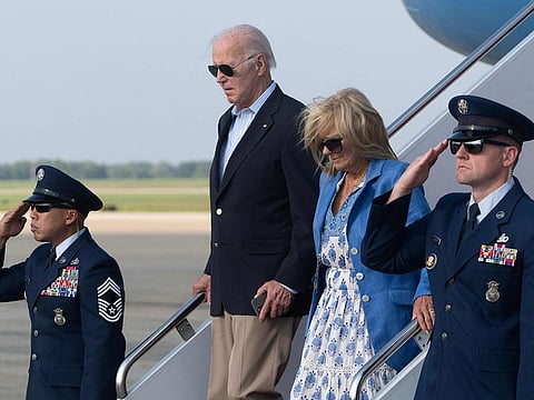 US President Joe Biden and First Lady Jill Biden steps off Air Force One at Joint Base Andrews, Maryland, on August 18, 2024. 