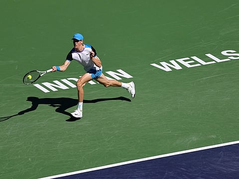 Jannik Sinner of Italy returns a shot against Thanasi Kokkinakis of Australia during the BNP Paribas Open at Indian Wells Tennis Garden on March 08, 2024 in Indian Wells, California.