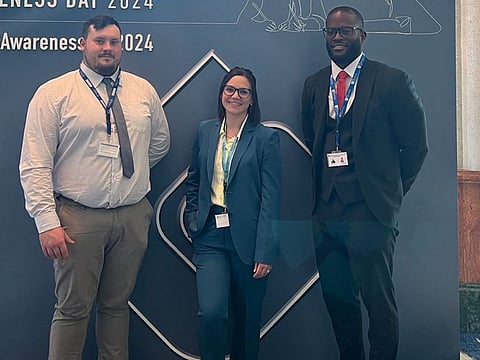New teacher recruits Joshua Hays, Kimberley Hughes and Seymour Williams at an educational event hosted by GEMS Education in Dubai on Tuesday.