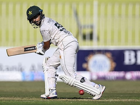 Pakistan's Saud Shakeel in action during the first day of the first Test cricket match against Bangladesh at the Rawalpindi Cricket Stadium in Rawalpindi on Wednesday.