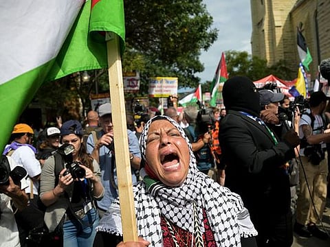Pro-Palestinian demonstrators during the Democratic National Convention (DNC) near the United Center in Chicago, Illinois, US, on Monday, Aug. 19, 2024. Months of Democratic infighting over Israel and US aid for its offensive in Gaza precede the Democratic 