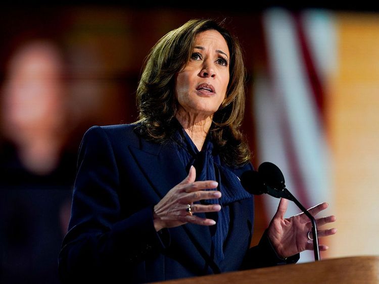 US Vice President Kamala Harris speaks during the Democratic National Convention.
