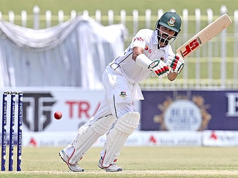 Bangladesh's Shadman Islam plays a shot during the third day of first Test cricket match against Pakistan at the Rawalpindi Cricket Stadium in Rawalpindi on August 23, 2024. 