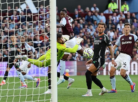 Aston Villa's Columbian striker Jhon Duran (centre) watches as the ball goes past the post during the English Premier League football match against Arsenal at Villa Park in Birmingham, central England on Saturday.
