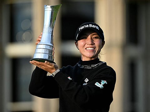 New Zeland's Lydia Ko poses with the trophy after winning the 2024 Women's British Open Golf Championship, on the Old Course at St Andrews, in St Andrews, Scotland, on Sunday.