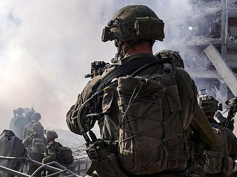 Israeli soldiers operating in the Gaza Strip amid the ongoing conflict between Israel and the Palestinian Hamas movement.  