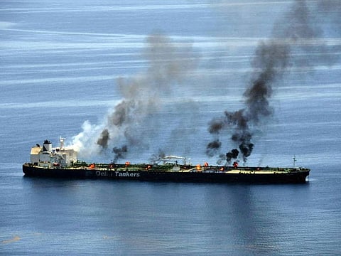 Flames and smoke rise from the Greek-flagged oil tanker Sounion, which has been on fire since August 23, on the Red Sea, on Sunday. 