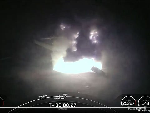 The first-stage booster tipped over and exploded while attempting to land.
