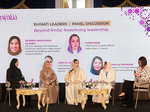 Dr Reem Saleh Easa Al Gurg, Director of Strategy & Institutional Excellence at Mohammed Bin Rashid University of Medicine and Health Sciences (MBRU), Hind Al Huwaidi, Chief Executive Development Officer at BEEAH, Yusra Baqi, Chief Human Capital Officer at Aafac Islamic Finance, and Zahra Al Dahmani, Director of Tax Payer Services at the Federal Tax Authority, at a panel discussion at Emiratia 