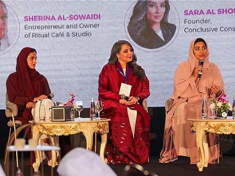 Sherina Al-Sowaidi, Entrepreneur and Owner of Ritual Café & Studio chain, Sara Al-Shorouqi, Founder, Conclusive Consultancy UAE and Alanoud Alhashmi, CEO and Founder of The Futurist Company during a panel discussion Empowering Voices: Trailblazing Emirati Women Entrepreneurs.