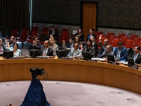 A security council meeting underway at United Nations (UN) headquarters in New York, on August 28, 2024.  