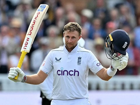 England's Joe Root celebrates his century on the opening day of the second cricket test match between England and Sri Lanka at Lord's cricket ground in London on August 29, 2024. (Photo by Glyn KIRK / AFP) / RESTRICTED TO EDITORIAL USE. NO ASSOCIATION WITH DIRECT COMPETITOR OF SPONSOR, PARTNER, OR SUPPLIER OF THE ECB