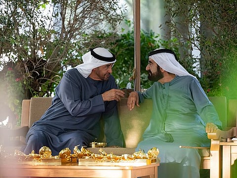 President His Highness Sheikh Mohamed bin Zayed Al Nahyan with His Highness Sheikh Mohamed bin Rashid Al Maktoum, Vice President and Prime Minister of the UAE and Ruler of Dubai, at Al Marmoom Rest House in Dubai on Sunday