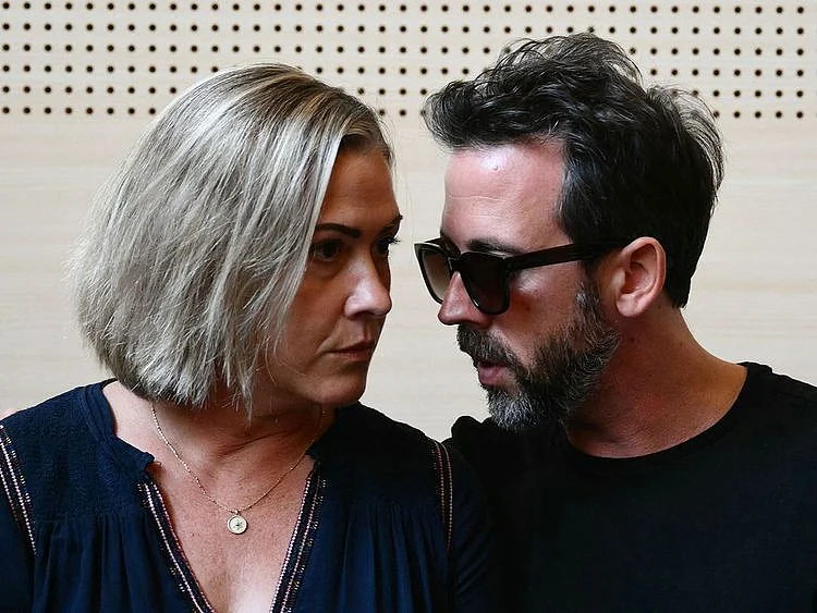 Caroline Darian with her brother Florian P. , at the courthouse during the trial of their father accused of drugging their mother for nearly ten years and inviting strangers to rape her at their home in Mazan, a small town in the south of France, in Avignon, on September 2, 2024.  