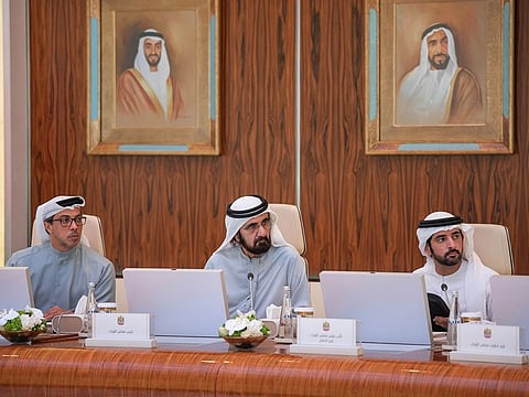 His Highness Sheikh Mohammed bin Rashid Al Maktoum, Vice President and Prime Minister of the UAE and Ruler of Dubai; Sheikh Mansour bin Zayed Al Nahyan, Vice President, Deputy Prime Minister and Chairman of the Presidential Court; and Sheikh Hamdan bin Mohammed bin Rashid Al Maktoum, Crown Prince of Dubai, Deputy Prime Minister, and Minister of Defence, during the Cabinet meeting at Qasr Al Watan in Abu Dhabi on Monday
