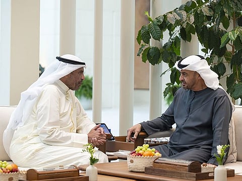 President His Highness Sheikh Mohamed bin Zayed Al Nahyan with Abdullah Ali Al Yahya, Foreign Minister of Kuwait, at Qasr Al Shati in Abu Dhabi on Monday