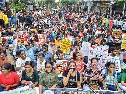 West Bengal Junior Doctor’s Front holds a protest demanding immediate resignation of Kolkata Police Commissioner Vineet Goyal following RG Kar Medical College and Hospital rape-murder case, in Kolkata on September 2..  