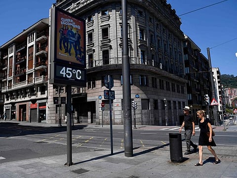A street thermometer shows the temperature in Bilbao, on August 11, 2024. Spain registered in 2024 its hottest August since records began, with an average temperature at 25 degrees Celsius (77 Fahrenheit), the national weather agency said.  