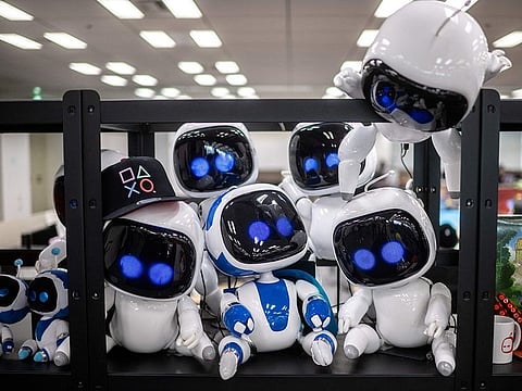 This picture taken on August 29, 2024 shows the dolls for the upcoming game ‘Astro Bot’ during a media event by the Team Asobi studio at the offices of Sony Interactive Entertainment in Tokyo. 