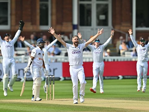 England players appeal unsuccessfully for a LBW against Sri Lanka's Dimuth Karunaratne on day four of the second cricket Test at Lord's cricket ground in London on September 1.