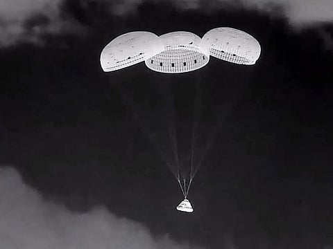 This video grab courtesy of NASA taken on September 6, 2024 shows Boeing's Starliner approaching the landing site at White Sands Space Harbor in White Sands, New Mexico.
