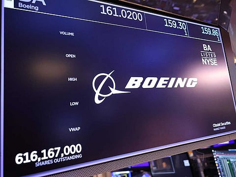 The Boeing company logo is displayed on the floor of the New York Stock Exchange on September 04, 2024 in New York City. Boeing’s shares fell 1.5% as of 11:47 a.m. in New York.