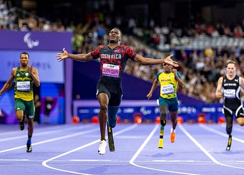 Costa Rica's Sherman Isidro Guity Guity CRC celebrating his victory in the Para Athletics mens 200m - T64 Final on September 7.