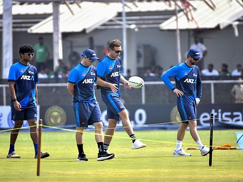 New Zealand test team captain Tim Southee with teammates during the one-off Test against Afghanistan, at Shahid Vijay Singh Pathik Sport Complex in Greater Noida on Monday.