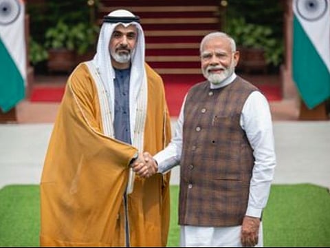 Sheikh Khaled bin Mohamed bin Zayed Al Nahyan, Crown Prince of Abu Dhabi, with indian prime Minister Narendra Modi in New Delhi on Monday.
