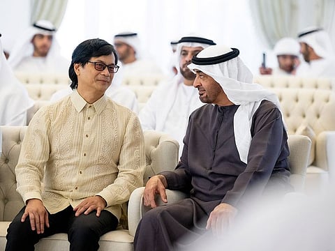 President His Highness Sheikh Mohamed bin Zayed Al Nahyan with Benjamin Abalos Jr, Secretary of the Department of Interior and Local Government of the Philippines, at Qasr Al Bahr in Abu Dhabi on Tuesday
