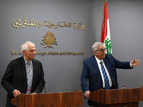 European Union's top diplomat Josep Borrell (L) and Lebanon's Foreign Affairs Minister Abdallah Bou Habib (R) give a joint press conference, at the ministry's headquarters in Beirut on September 12, 2024. 